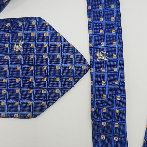 Vintage Burberrys of London Tie Mens Jacquard Foulard Blue Gold Silk 59.4" USA - Picture 4 of 8